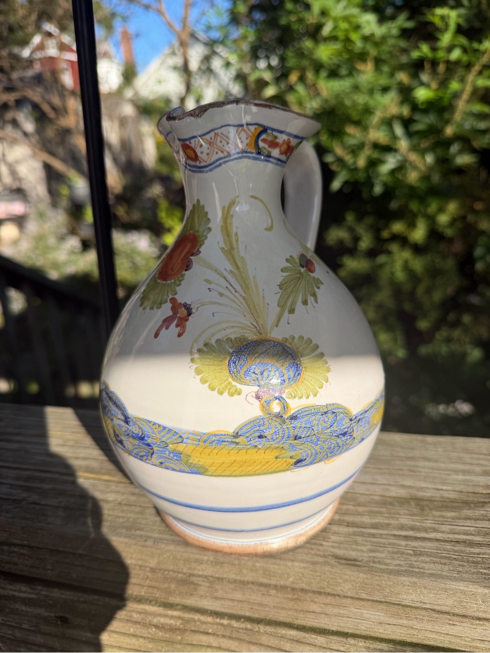 Italian Pottery Vase Or Decanter 8” Ht Hand Paint Unmarked Scenic 19” Aound Mid